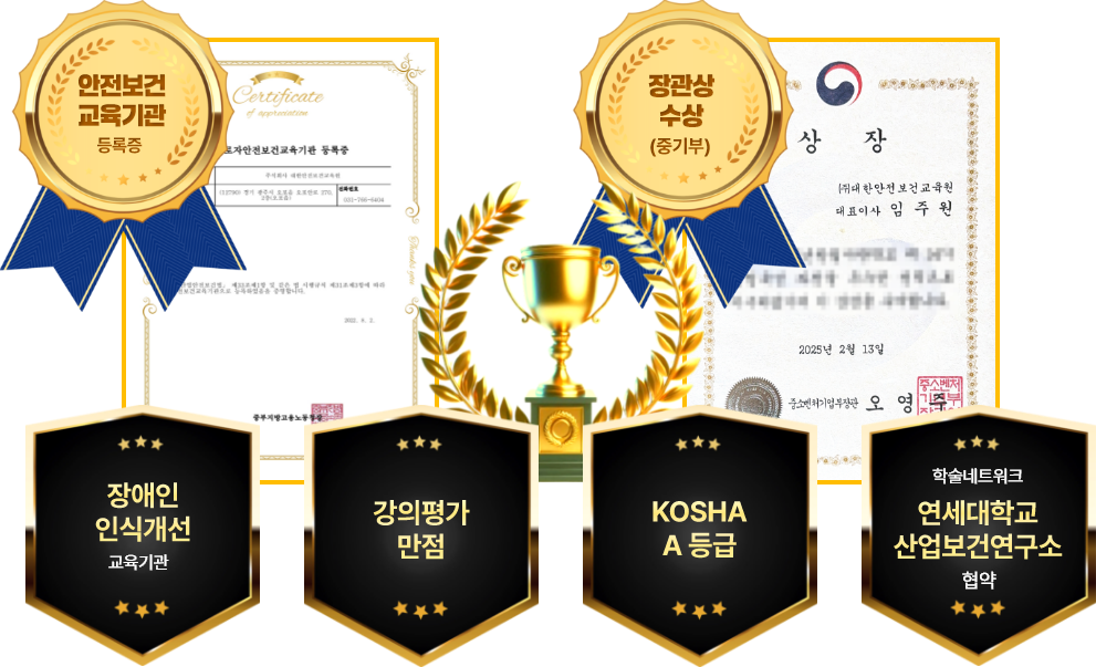 안전보건교육기관 등록증, 장관상 수상(중기부)